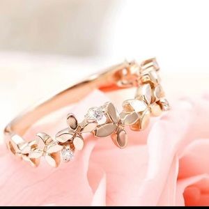 Dainty Cute Leafy Floral Flower Ring Crystal .925 Silver Plated Rose Gold